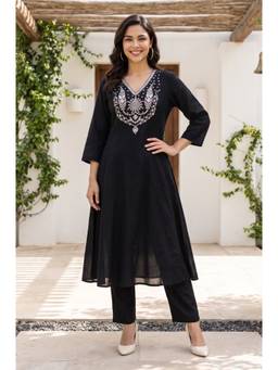 Aurelia - W for Woman Black Sequins Zari Embroidered Chanderi Flared Kurta with Pant