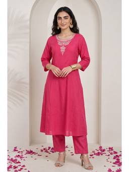 Aurelia - W for Woman Pink Thread Embroidered Chanderi Straight Kurta with Pant