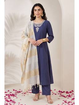 Aurelia - Woman Navy Blue Thread Embroidered Chanderi Straight Kurta with Pant and Dupatta