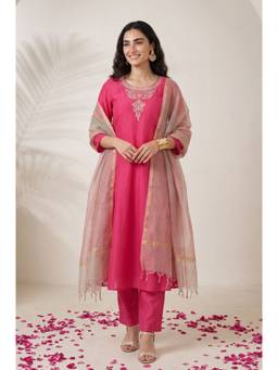 Aurelia - W for Woman Pink Embroidered Chanderi Straight Kurta with Pant and Dupatta