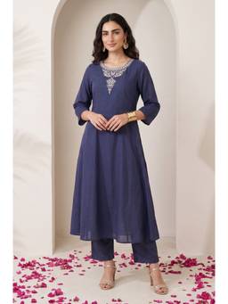 Aurelia - W for Woman Navy Blue Embroidered Chanderi Straight Kurta with Pant