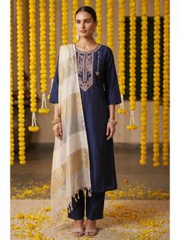 Aurelia - W for Woman Navy Blue Thread Embroidered Straight Kurta with Pant and Dupatta