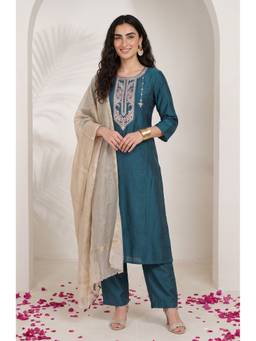 Aurelia - W for Woman Teal Thread Embroidered Straight Kurta with Pant and Dupatta