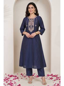 Aurelia - W for Woman Navy Blue Thread Embroidered Straight Kurta with Pant