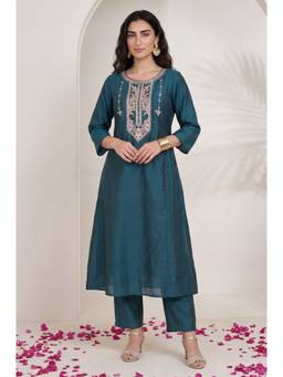 Aurelia - W for Woman Teal Thread Embroidered Straight Kurta with Pant