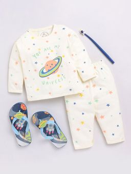 Hopscotch - Boys Cream Text Print T-shirt and Pajama Sleepwear Set