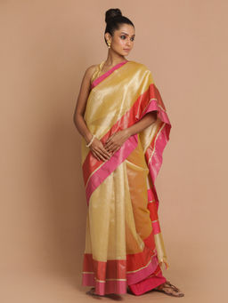 Indethnic - Banarasi Beige Solid Party Wear Saree With Unstitched Blouse