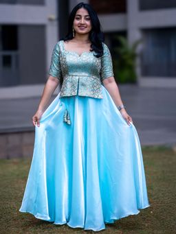 I LOVE SAREES - Light Blue Banarasi Organza Party Wear Choli and Lehenga (Set of 2)