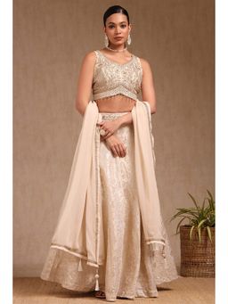 Soch - Off White Embroidered Choli with Unstitched Sleeves Lehenga and Dupatta (Set of 4)
