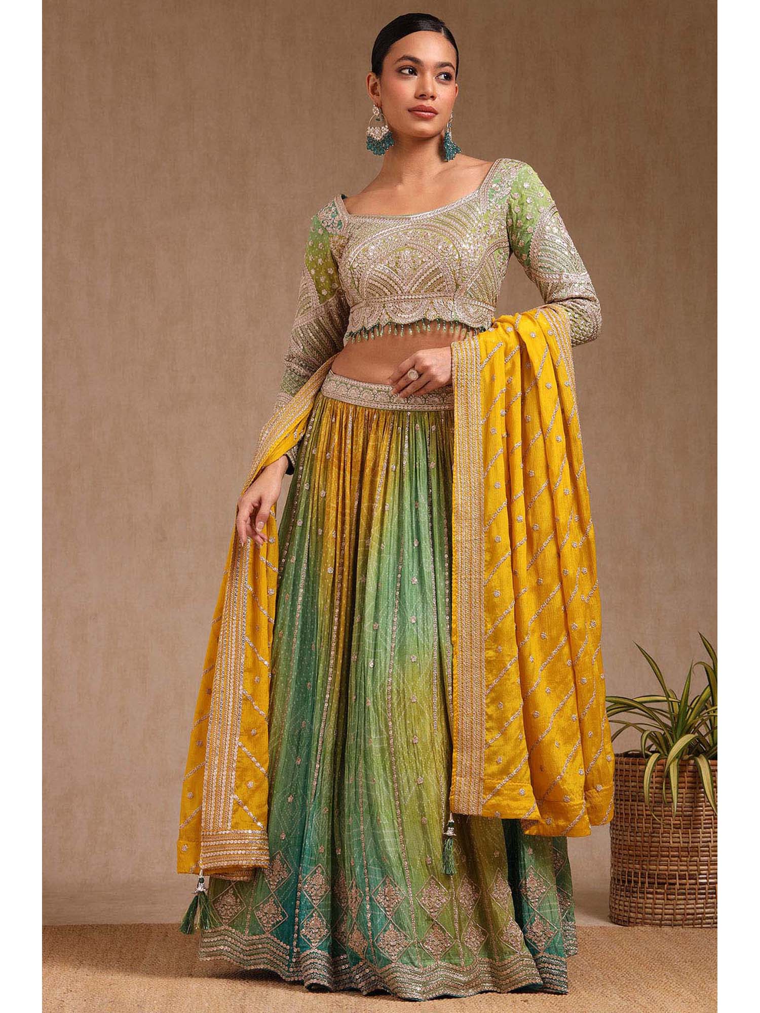 soch Green Viscose Bandhani Print Choli and Lehenga with Dupatta (Set of 3)-picture-29