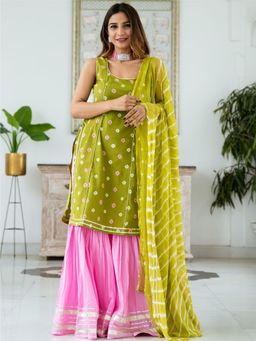 Lavanya The Label - Bandhani Tie-dye Short Kurta And Sharara (Set of 3)
