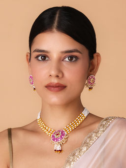 Azai by Nykaa Fashion - Purple and Yellow Embellished Jadau Choker Necklace and Earrings Set of 2