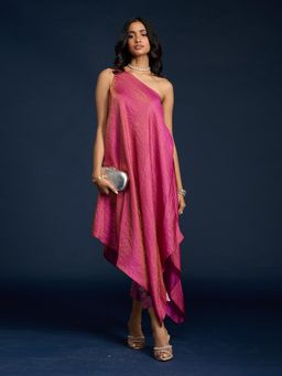 Gajra Gang - Pink Tissue Asymmetric Kurta with Printed Pant Diwalicious (Set of 2)