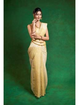 Banka Silk - Ojas Beige Metallic Foil-Printed Saree without Blouse