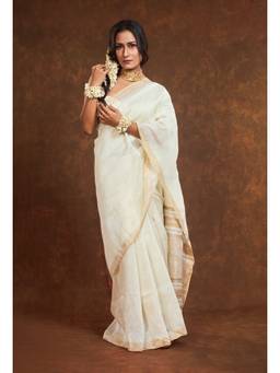 Banka Silk - Swayam Off White Woven Border Saree without Blouse