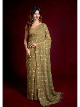 Banka Silk - Swara Green Zari Grid Pattern Embedded Saree without Blouse