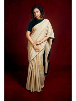 Banka Silk - Meher Beige Metallic Foil-Printed Saree without Blouse
