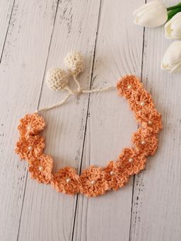 Velvery - Crochet Orange Scallop and Pearl Embellished Design Cotton Headband
