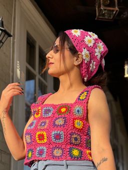 Velvery - Crochet Pink Granny Square Stitch Cotton Headband