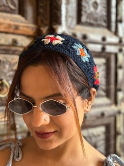 Velvery - Crochet Navy Blue Granny Square Stitch Cotton Headband