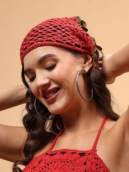 Velvery - Women Red Crochet Embellished Head Scarf