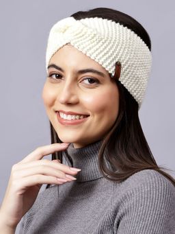 Velvery - Hand-Knitted Off White Self Design Acrylic Headband