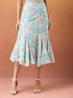 Fabindia - Aqua Cotton Hand Block Printed Midi Skirt