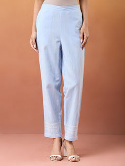 Fabindia - Blue Cotton Slim Fit Chikankari Pant