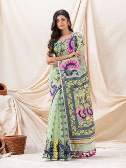 Angoshobha - Traditional Green Peacock Soft Dhakai Jamdani Saree with Unstitched Blouse