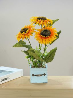 USHA SHRIRAM - Yellow Sunflower Artificial Plant With Wooden Pot