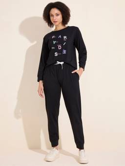 LOTIK - Women Black Lycra Top with Joggers