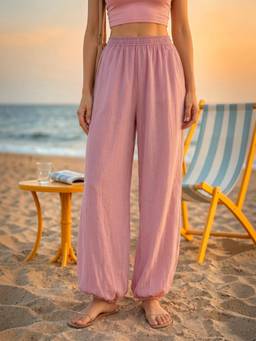 Oxolloxo - Women Solid Light Pink Elasticated Poly Chiffon Beachwear Balloon Pants