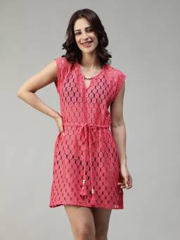 Oxolloxo - Women Pink V- Neck Elasticated Sleeveless Cotton Schiffly Beachwear Dress