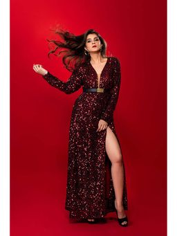 Label Shaurya Sanadhya - Red Sequin Long Gown with Slit