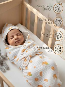 Baby Moo - White Muslin Printed Wrapper with Belt (0-18 Months)