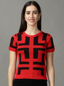 SHOWOFFFF - Womens Round Neck Self Design Red Regular Top