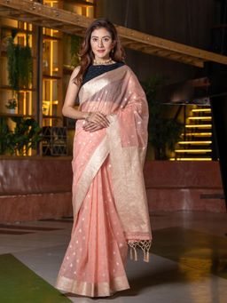 Beatitude - Peach Coloured Silver Toned Floral Saree with Unstitched Blouse