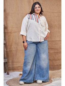 Curvy Lane - Plus Size Off White Summer Cotton Shirts for Ladies