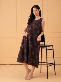 The Mom Store - Maroon Printed A-Line Fit Nighty
