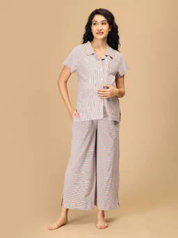 The Mom Store - Grey Stripes Regular Fit Shirt and Pyjama