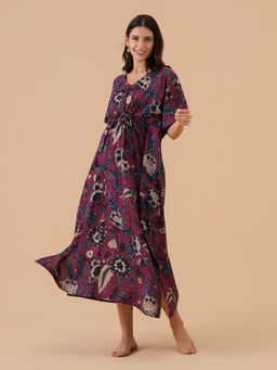 The Mom Store - Purple Floral Regular Fit Kaftan Nighty