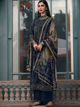 Stylee LIFESTYLE - Navy Blue Velvet Embroidered Dress Material