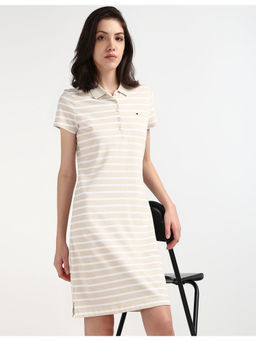 Tommy Hilfiger - Womens Beige Stripes Knee Length Dress
