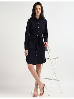 Tommy Hilfiger - Womens Navy Blue Solid Knee Length Dress with Belt (Set of 2)