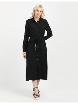 Tommy Hilfiger - Womens Black Solid Midi Dress with Belt (Set of 2)