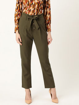Twenty Dresses by Nykaa Fashion - Olive Green Solid Straight Pants with Tie Up Belt
