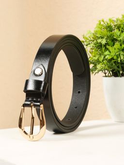 Teakwood - Womens Classic Black Leather Belt with Polished Gold Buckle