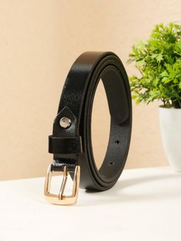 Teakwood - Womens Minimal Black Leather Belt with Golden Buckle