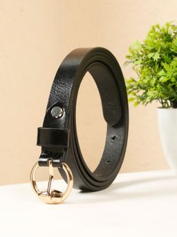 Teakwood - Womens 15Mm Black Leather Belt with Gold Round Buckle