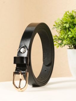 Teakwood - Womens Black Leather Belt with Golden Buckle